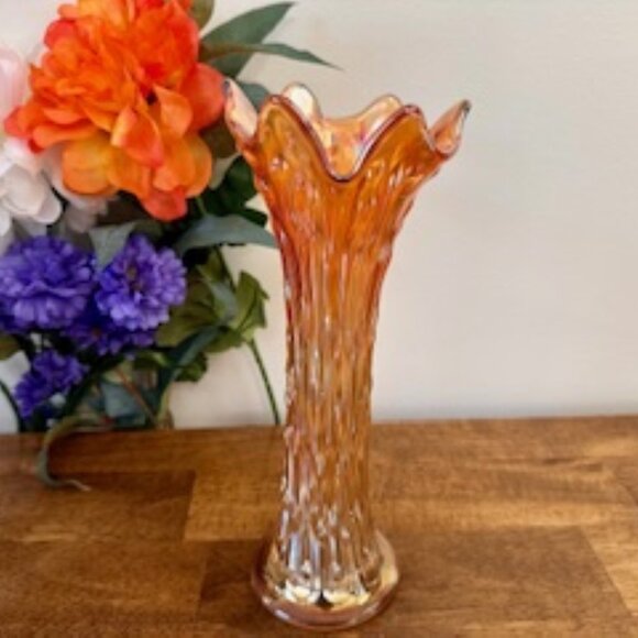 Vintage Fenton April Showers Marigold Carnival Glass Vase Ruffled Edge Art Glass - Picture 2 of 7